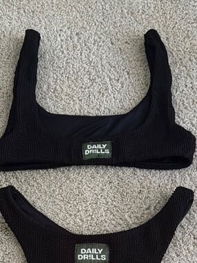 DAILY DRILLS wavy bikini top black textured logo patch scoop back tank swim